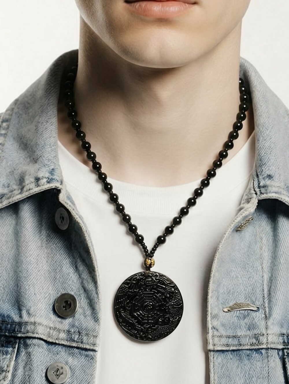 Black Obsidian Dragon Phoenix Pendant Necklace Feng Shui Good Luck Charm Fantasy